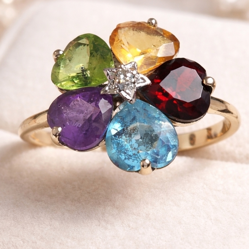 1982 Diamond 14K Solid YG Heart Peridot Amethyst Garnet Topaz Citrine Ring Sz 7 - Picture 8 of 14